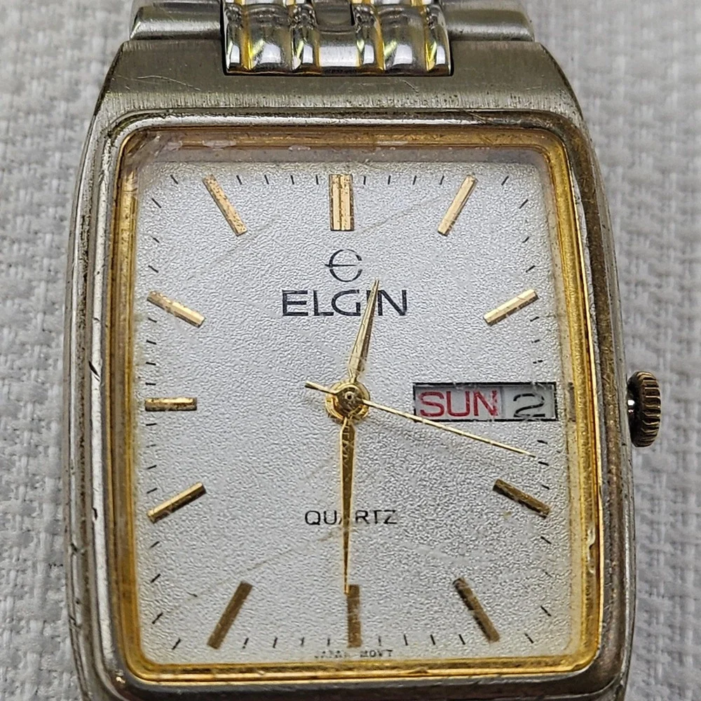 Elgin Two Tone Gold‎ Silver Tone Rectangular Day Date Quartz Watch Men's - READ